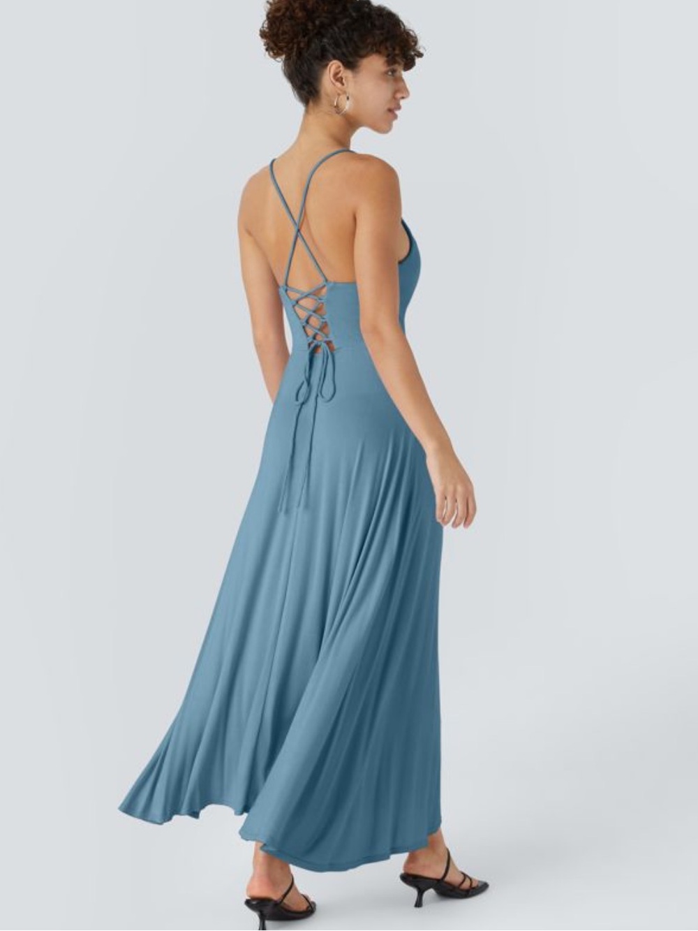 NWTs HALARA Cowl Neck Lace Up Midi Dress in Rainy Sky Blue Size Small - Picture 2 of 8